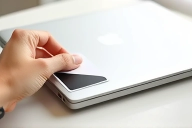 Applying a laptop sticker for a perfect, bubble-free finish.