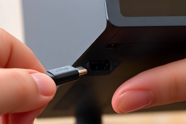 Close-up of USB-C cable connecting to LG Gramview monitor