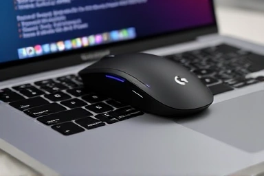 Close-up of Logitech MX Anywhere 3S mouse on MacBook keyboard.