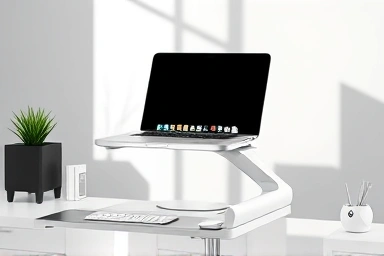Ergonomic MacBook stand on a clean desk
