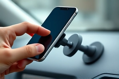 Hand attaching smartphone to MagSafe car mount