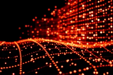 Abstract glowing grid of light particles symbolizing Mini LED technology.