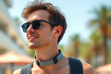 Person wearing a cool neckband fan on a hot day.