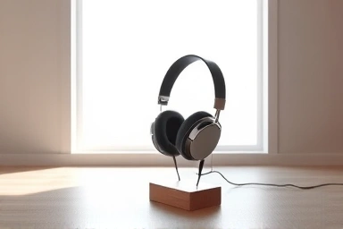 High-end open-back headphones in a spacious, well-lit room.