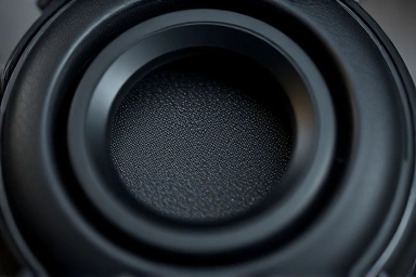 Close-up of headphone driver with visual representation of sound waves.