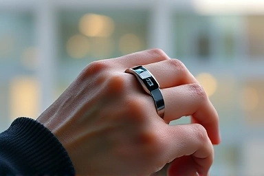Smart ring on finger, health data, modern technology, well-being.