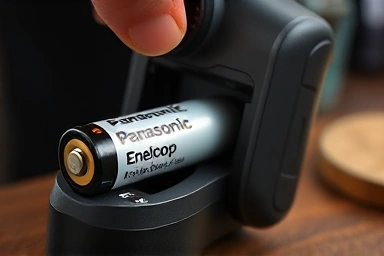Close-up of Panasonic Eneloop battery and charger