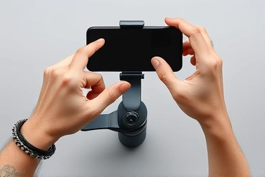 Close-up of hands adjusting a smartphone gimbal for balance.