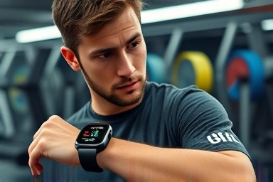Smartwatch user analyzing strength training data for better results.