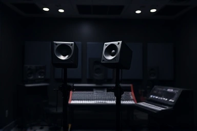 Professional studio monitor speakers in a recording environment.