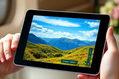 Tablet screen with anti-glare film, showing clear image under light.