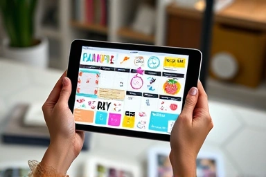 Hands using tablet for personalized digital journaling with custom stickers.