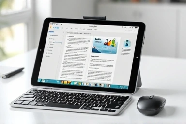 Tablet with Hancom Office and keyboard, modern productivity setup.