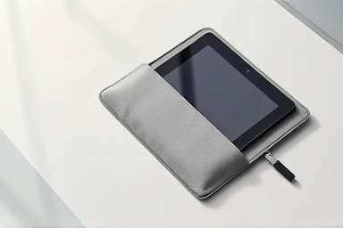 Protective tablet pouch with stylus slot on a minimalist desk.