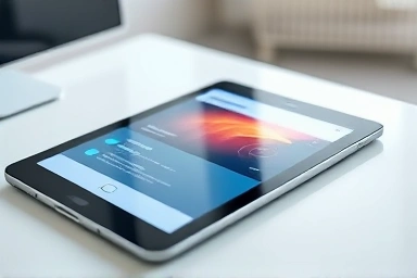 Tablet displaying a professional presentation slide with AI-generated content.