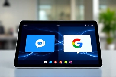 Tablet with Zoom and Google Meet interfaces, symbolizing digital collaboration.
