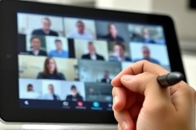 Hand using stylus on tablet for video conference, emphasizing user interaction.