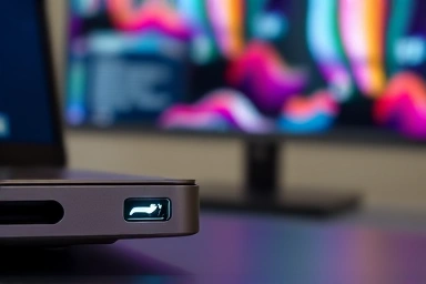 Close-up of Thunderbolt port, symbolizing high-speed connectivity.