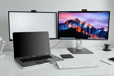 Modern laptop connected to a Thunderbolt dock with multiple monitors.