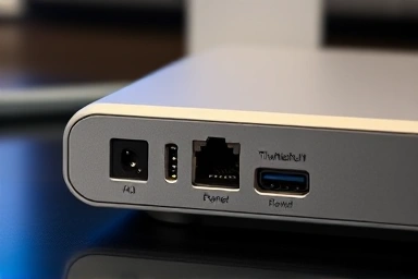 Close-up of Thunderbolt dock ports demonstrating connectivity and power.