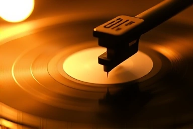 Turntable stylus over vinyl record, warm lighting, vintage audio