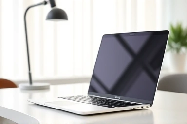 Modern laptop for productive video conferencing in a home office.