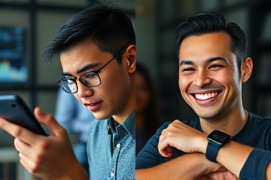 Contrast between stressful tech use and calm smartwatch interaction.