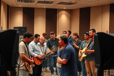 Musicians and engineers in a studio focusing on monitor speakers.