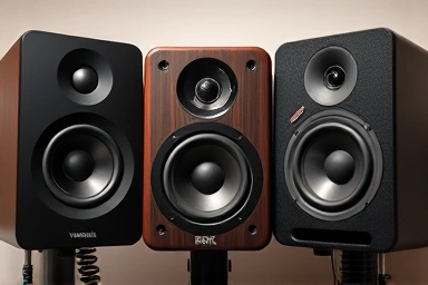 Artistic close-up of three different studio monitor speakers.