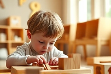 Child playing with wooden blocks, focused and engaged.