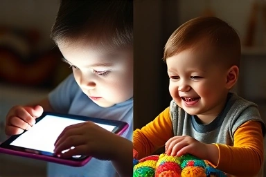 Contrast of passive screen time vs. active sensory toy play.