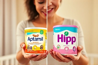 Mother choosing between Aptamil and Hipp baby formula