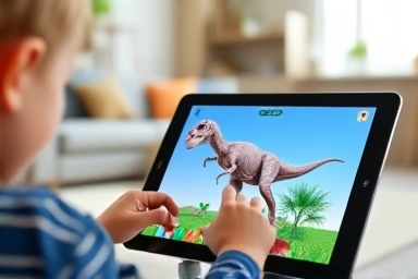 Child interacting with AR educational toy on tablet