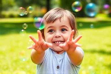 Toddler happily playing with automatic bubble gun, catching colorful bubbles in a park.