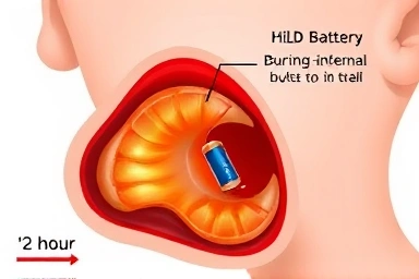 Medical illustration of battery ingestion damage in esophagus