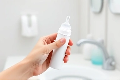Hand demonstrating hygienic silicone baby bottle brush
