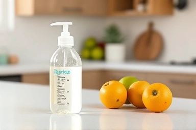 Baby bottle cleaning with safe kitchen detergent and fruits.
