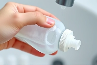 Gentle washing of baby bottle, ensuring no residue.