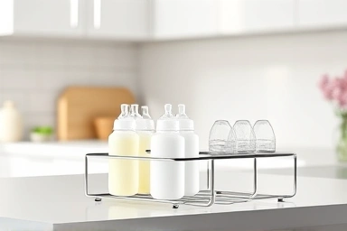Baby bottle drying rack with clean bottles in kitchen