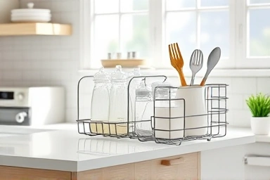 Organized baby bottle drying rack with clean baby items.