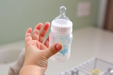 Baby's hand reaching for clean bottle on drying rack.