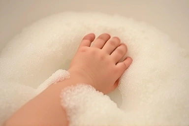 Baby's hand in bubble bath, emphasizing safety and gentleness.