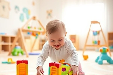 Baby playing with developmental toys in a nursery.