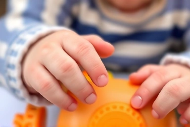 Baby's hands exploring a sensory toy.