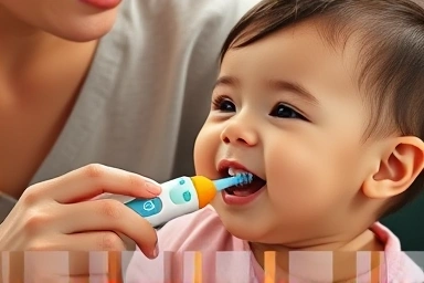 Parent happily brushing baby's teeth with electric toothbrush.