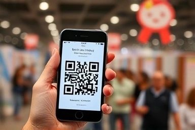 Baby fair entry with smartphone QR code and event hall