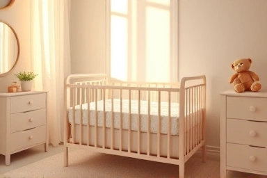 Peaceful nursery, preparing for baby's arrival, warm light, essential baby items.