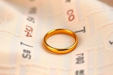 Delicate gold baby ring on soft pastel blanket