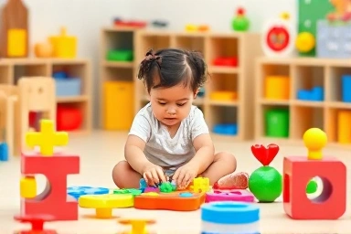 Toddler actively learning with educational toys, fostering development.