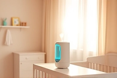 Safe baby humidifier in a peaceful nursery, emitting clean mist.